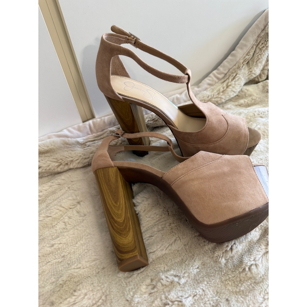 Jessica Simpson Womens Tan T-Strap Platform Block Wood Heel Sandals Size 10M - Picture 4 of 8